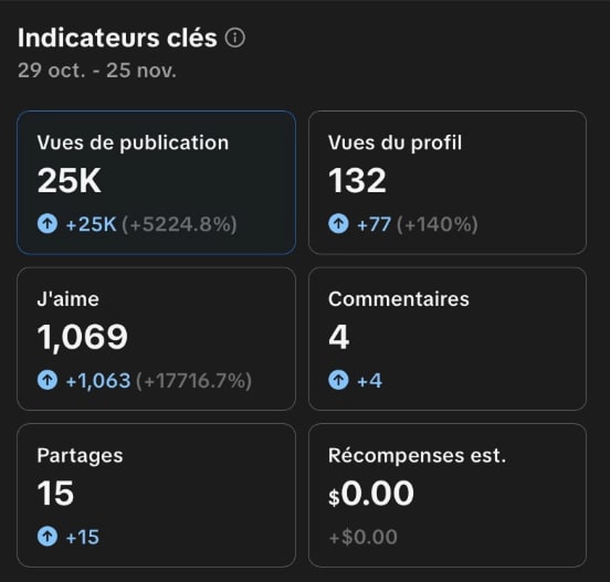 Statistiques : 25K vues de publication, 132 vues du profil, 1 069 j'aime, 4 commentaires, 15 partages